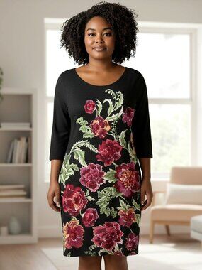 Chicos Travelers Black Floral Shift Dress Womens Size XLP 3P Slinky Stretch